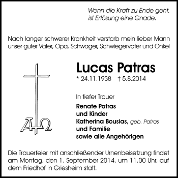 Traueranzeige von Lucas Patras von Echo-Zeitungen (Gesamtausgabe)