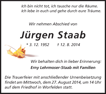 Traueranzeige von Jürgen Staab von Rüsselsheimer Echo, Groß-Gerauer-Echo, Ried Echo