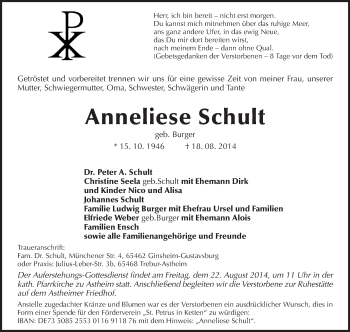 Traueranzeige von Anneliese Schult von Rüsselsheimer Echo, Groß-Gerauer-Echo, Ried Echo