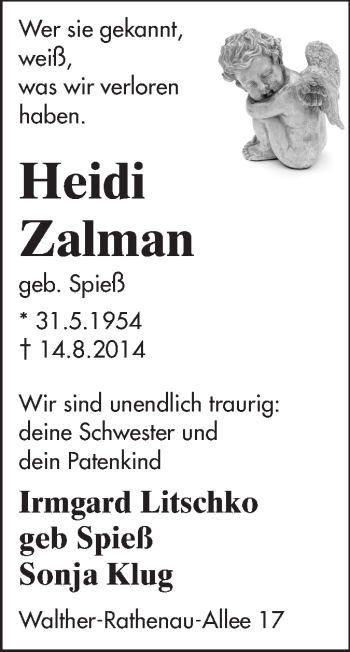 Traueranzeige von Heidi Zalman von Echo-Zeitungen (Gesamtausgabe)