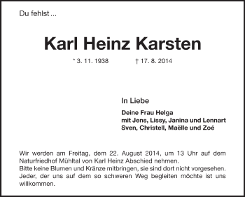 Traueranzeige von Karl Heinz Karsten von Echo-Zeitungen (Gesamtausgabe)