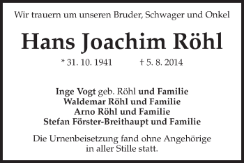 Traueranzeige von Hans Joachim Röhl von Echo-Zeitungen (Gesamtausgabe)