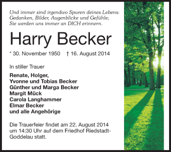 Traueranzeige von Harry Becker von Rüsselsheimer Echo, Groß-Gerauer-Echo, Ried Echo