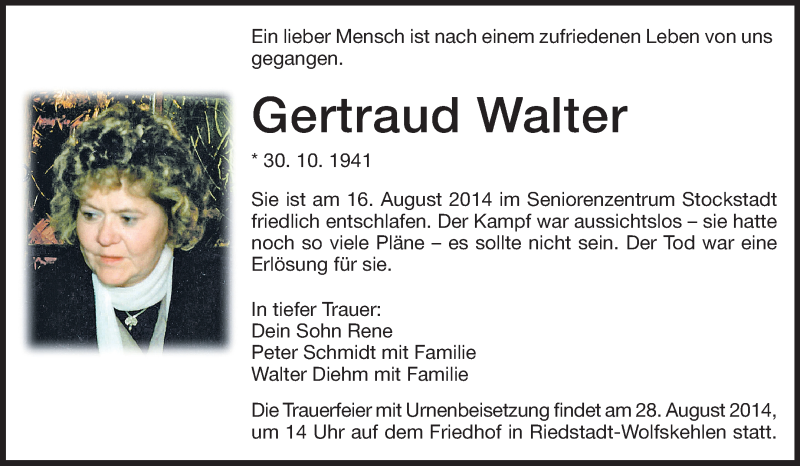  Traueranzeige für Gertraud Walter vom 23.08.2014 aus Echo-Zeitungen (Gesamtausgabe)