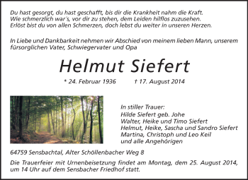 Traueranzeige von Helmut Siefert von Odenwälder Echo