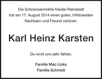 Traueranzeige von Karl Heinz Karsten von Echo-Zeitungen (Gesamtausgabe)