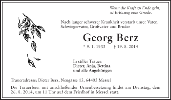 Traueranzeige von Georg Berz von Darmstädter Echo, Odenwälder Echo, Rüsselsheimer Echo, Groß-Gerauer-Echo, Ried Echo