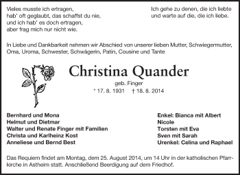 Traueranzeige von Christina Quander von Rüsselsheimer Echo, Groß-Gerauer-Echo, Ried Echo