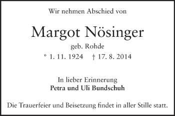 Traueranzeige von Margot Nösinger von Echo-Zeitungen (Gesamtausgabe)