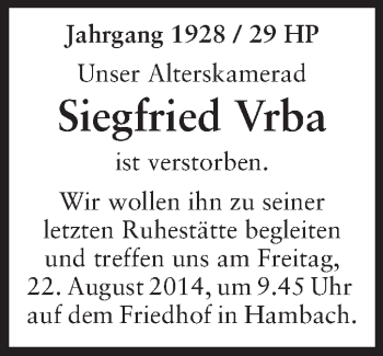 Traueranzeige von Siegfried Vrba von Starkenburger Echo