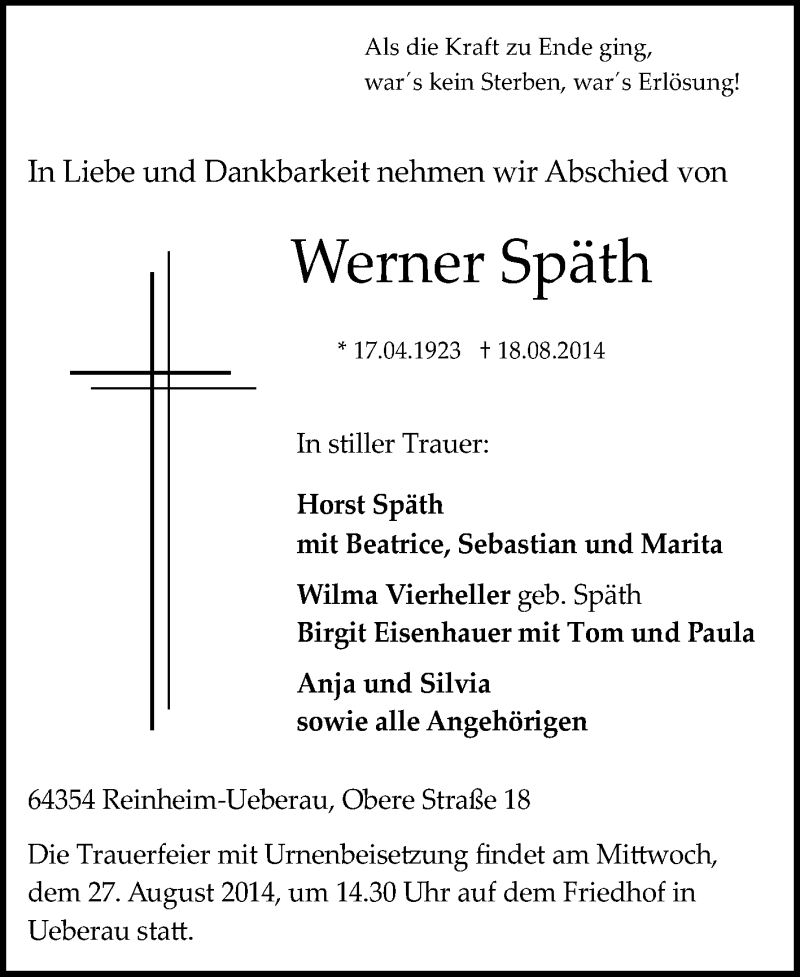  Traueranzeige für Werner Späth vom 23.08.2014 aus Darmstädter Echo, Odenwälder Echo, Rüsselsheimer Echo, Groß-Gerauer-Echo, Ried Echo