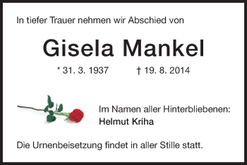 Traueranzeige von Gisela Mankel von Echo-Zeitungen (Gesamtausgabe)