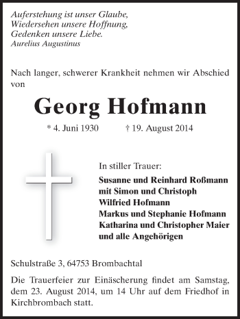 Traueranzeige von Georg Hofmann von Odenwälder Echo