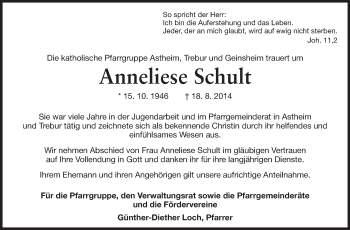 Traueranzeige von Anneliese Schult von Rüsselsheimer Echo, Groß-Gerauer-Echo, Ried Echo