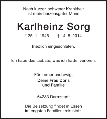 Traueranzeige von Karlheinz Sorg von Echo-Zeitungen (Gesamtausgabe)