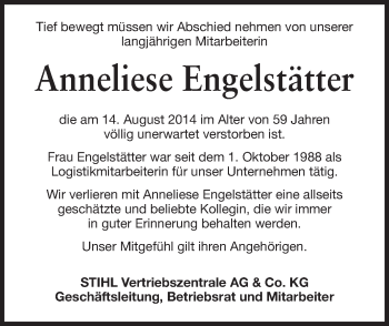 Traueranzeige von Anneliese Engelstätter von Echo-Zeitungen (Gesamtausgabe)