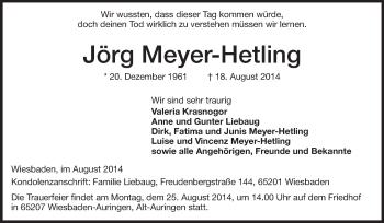 Traueranzeige von Jörg Meyer-Hetling von Odenwälder Echo