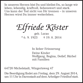 Traueranzeige von Elfriede Köster von Echo-Zeitungen (Gesamtausgabe)