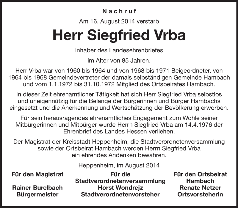  Traueranzeige für Siegfried Vrba vom 21.08.2014 aus Starkenburger Echo
