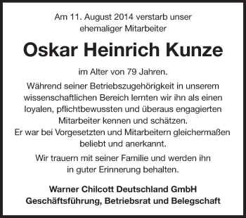 Traueranzeige von Oskar Heinrich Kunze von Echo-Zeitungen (Gesamtausgabe)