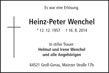 Traueranzeige von Heinz-Peter Wenchel von Rüsselsheimer Echo, Groß-Gerauer-Echo, Ried Echo