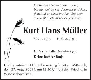 Traueranzeige von Kurt Hans Müller von Echo-Zeitungen (Gesamtausgabe)