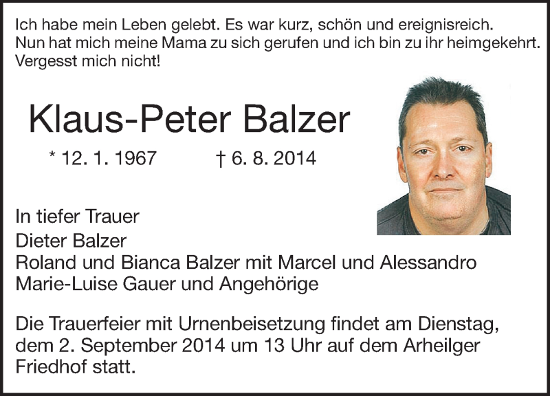  Traueranzeige für Klaus-Peter Balzer vom 23.08.2014 aus Darmstädter Echo, Odenwälder Echo, Rüsselsheimer Echo, Groß-Gerauer-Echo, Ried Echo