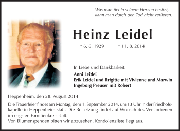 Traueranzeige von Heinz Leidel von Starkenburger Echo