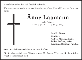 Traueranzeige von Änne Laumann von Echo-Zeitungen (Gesamtausgabe)