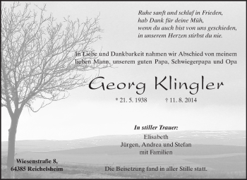 Traueranzeige von Georg Klingler von Odenwälder Echo