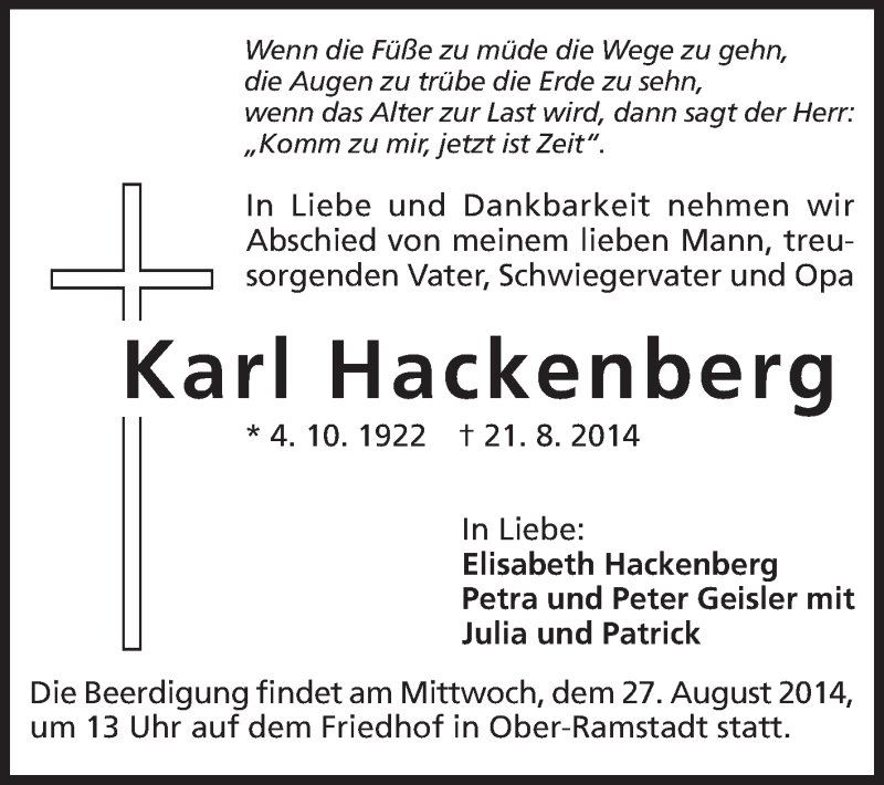  Traueranzeige für Karl Hackenberg vom 23.08.2014 aus Darmstädter Echo, Odenwälder Echo, Rüsselsheimer Echo, Groß-Gerauer-Echo, Ried Echo