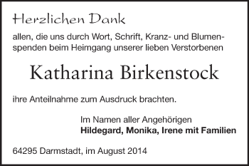 Traueranzeige von Katharina Birkenstock von Echo-Zeitungen (Gesamtausgabe)