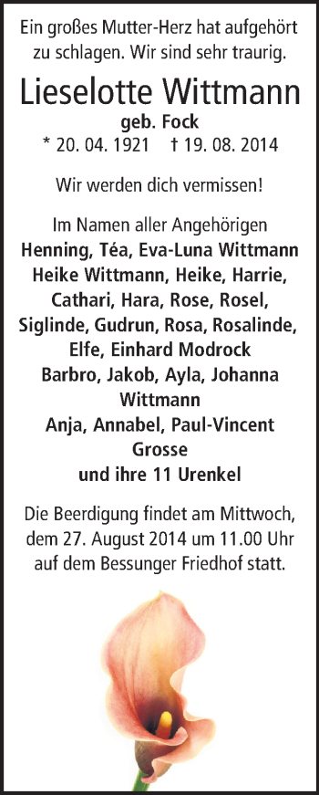 Traueranzeige von Lieselotte Wittmann von Echo-Zeitungen (Gesamtausgabe)