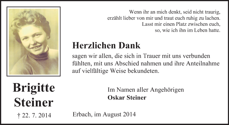  Traueranzeige für Brigitte Steiner vom 25.08.2014 aus Odenwälder Echo