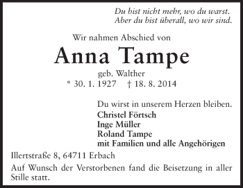 Traueranzeige von Anna Tampe von Odenwälder Echo