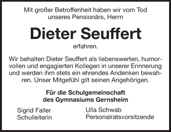 Traueranzeige von Dieter Seuffert von Rüsselsheimer Echo, Groß-Gerauer-Echo, Ried Echo