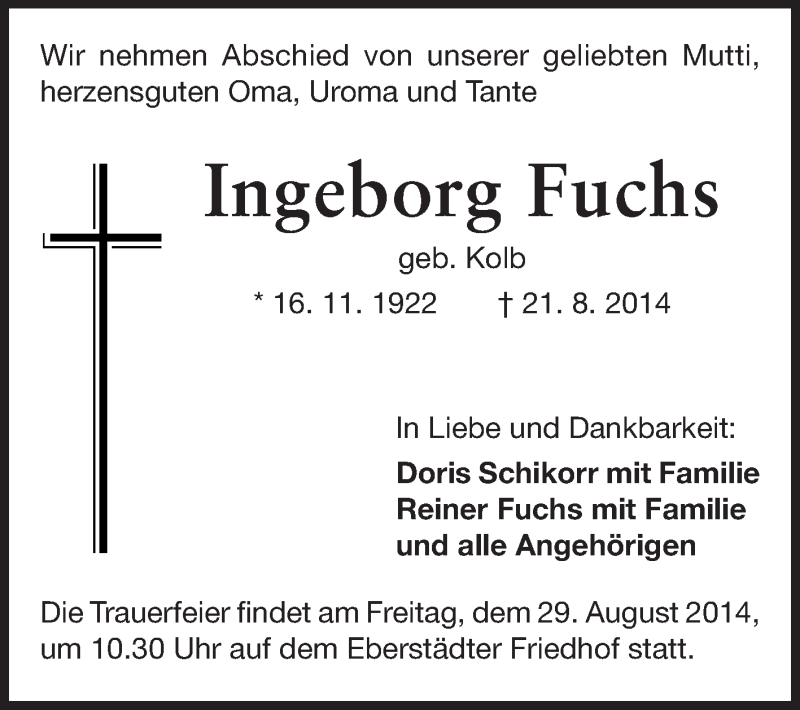 Traueranzeige für Ingeborg Fuchs vom 25.08.2014 aus Echo-Zeitungen (Gesamtausgabe)