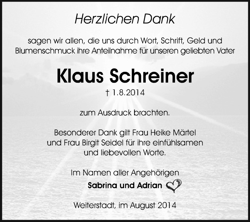  Traueranzeige für Klaus Schreiner vom 30.08.2014 aus Echo-Zeitungen (Gesamtausgabe)