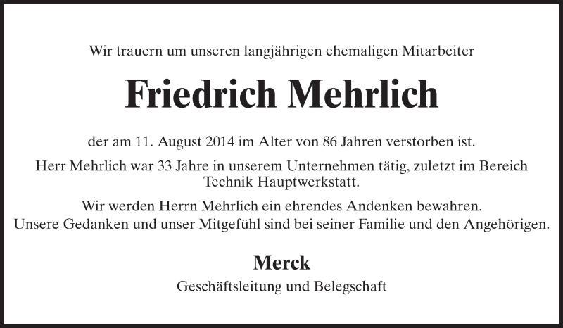  Traueranzeige für Friedrich Mehrlich vom 25.08.2014 aus Echo-Zeitungen (Gesamtausgabe)