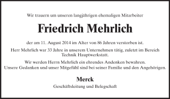 Traueranzeige von Friedrich Mehrlich von Echo-Zeitungen (Gesamtausgabe)