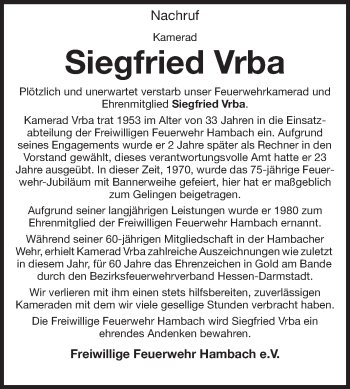 Traueranzeige von Siegfried Vrba von Starkenburger Echo