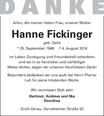 Traueranzeige von Hanne Fickinger von Rüsselsheimer Echo, Groß-Gerauer-Echo, Ried Echo