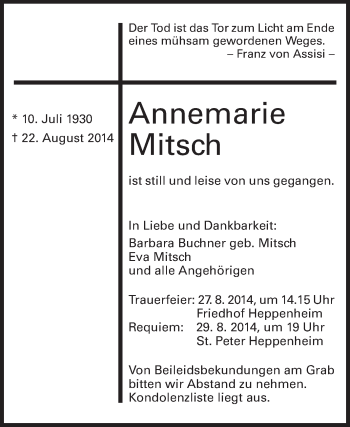 Traueranzeige von Annemarie Mitsch von Starkenburger Echo