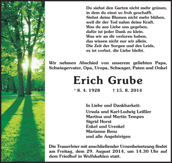 Traueranzeige von Erich Grube von Rüsselsheimer Echo, Groß-Gerauer-Echo, Ried Echo
