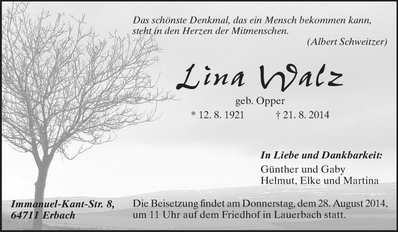  Traueranzeige für Lina Walz vom 26.08.2014 aus Odenwälder Echo