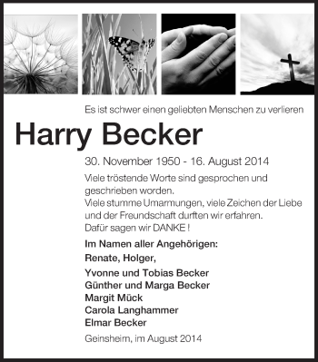 Traueranzeige von Harry Becker von Rüsselsheimer Echo, Groß-Gerauer-Echo, Ried Echo