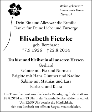 Traueranzeige von Elisabeth Fietzke von Echo-Zeitungen (Gesamtausgabe)