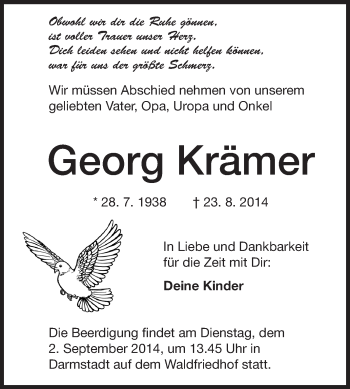 Traueranzeige von Georg Krämer von Echo-Zeitungen (Gesamtausgabe)