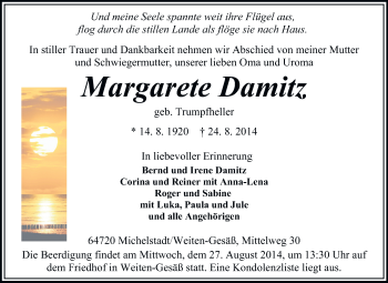 Traueranzeige von Margarete Damitz von Odenwälder Echo