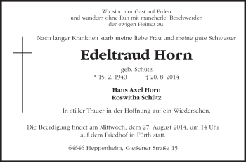 Traueranzeige von Edeltraud Horn von Starkenburger Echo